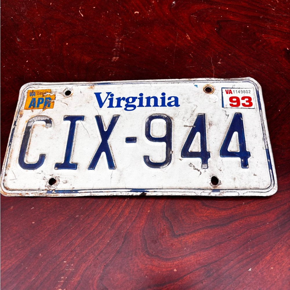 Vintage Virginia License Plate CIX-944 - White & Blue